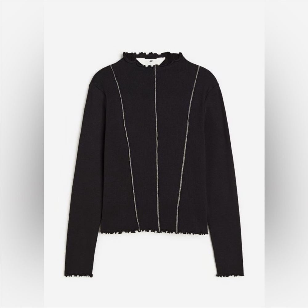 H&M Girls Black Ribbed Long Sleeve Top Size 8/10 Contrast Stitch